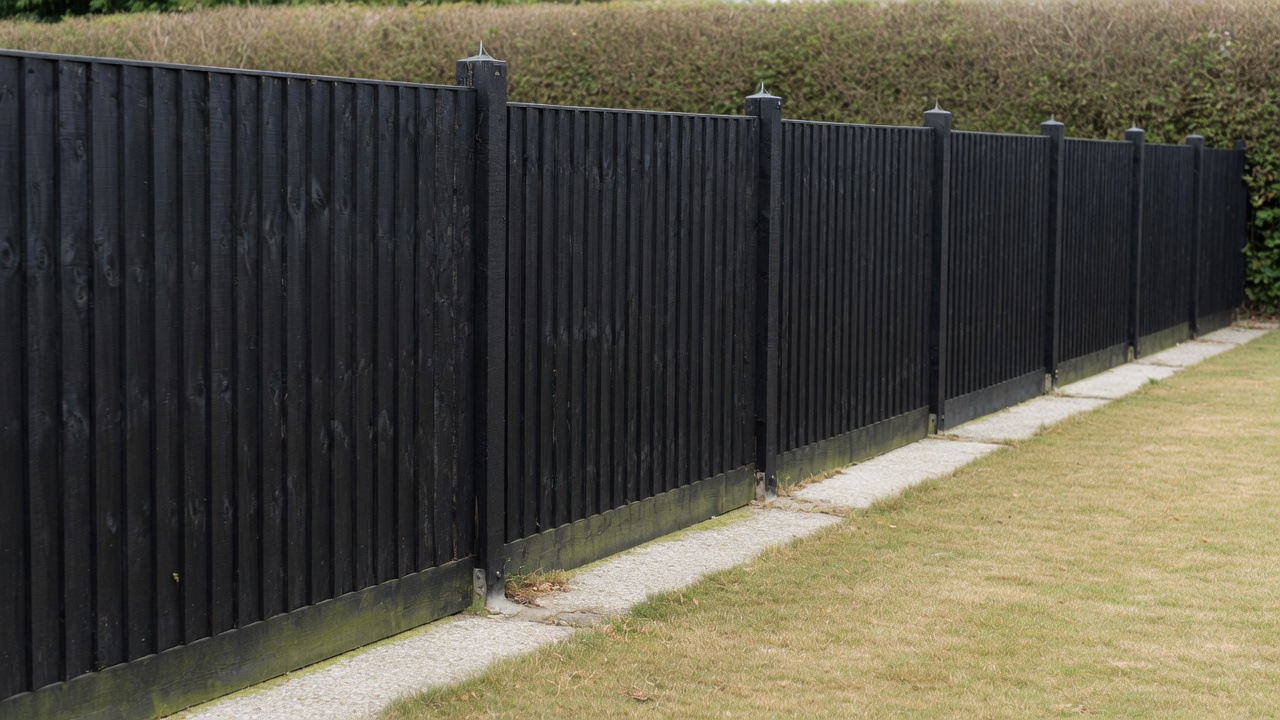 Dark stained close-board fence in daylight, seen along the run, with timber posts in the ground and a gravel board at the base of each bay.